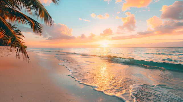 Beautiful tropical beach banner White sand and coco palms travel tourism wide panora Generative AI
