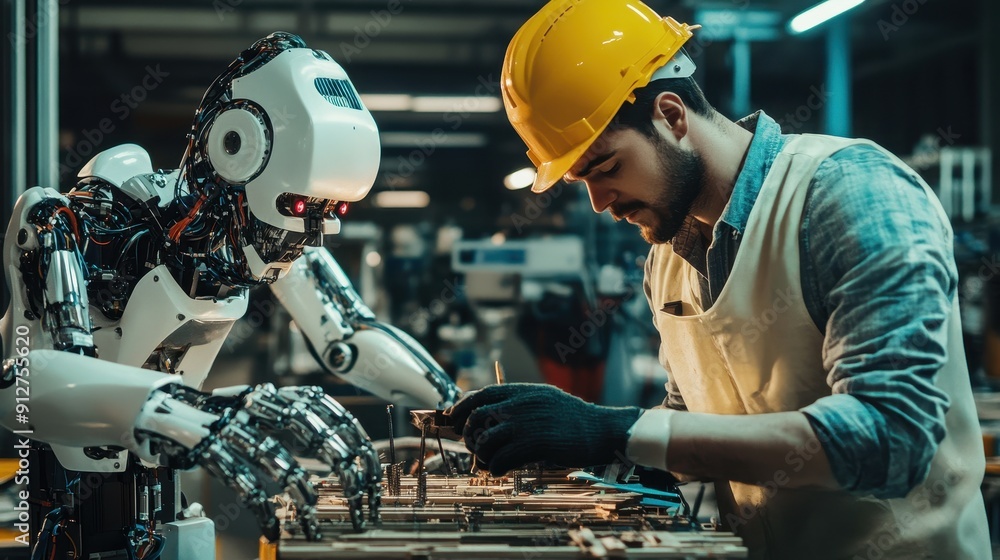 Poster collaborative construction, a man and humanoid robots working in unison to create an innovative stru