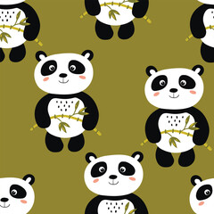 Seamless pattern with cute panda baby on color background. Funny asian animals. Card, postcards for kids. Flat vector illustration for fabric, textile, wallpaper, poster, gift wrapping paper