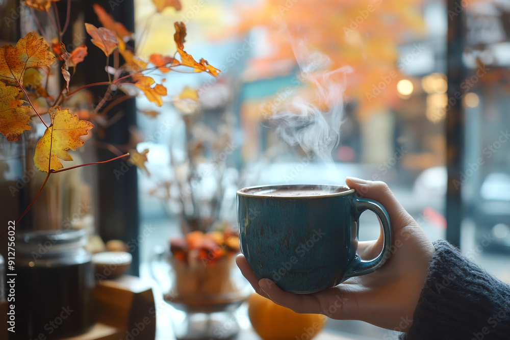 Poster Cozy Coffee Shop Scene with Hot Chocolate in Autumn  