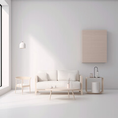 Minimalist Living Room with Empty Frame Mockup and Soft Tones