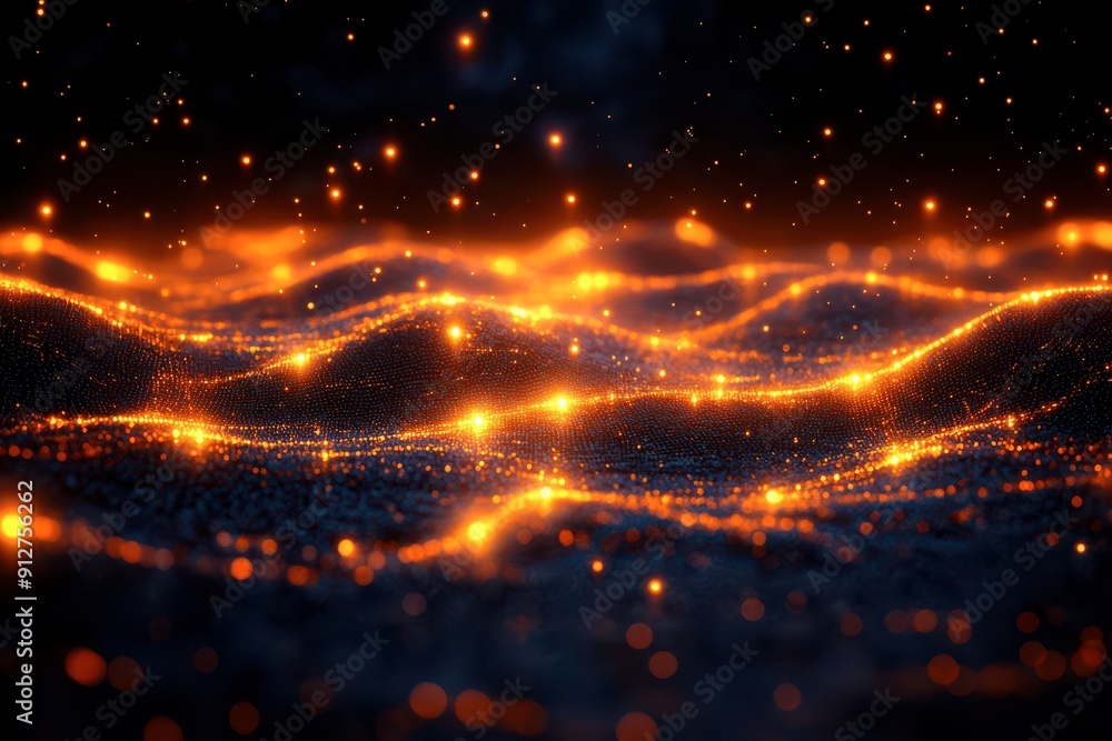 Poster a mesmerizing abstract image of glowing orange and gold particles resembling waves, set against a da