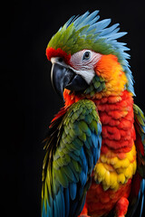 Obraz premium A colorful parrot with a black beak stands on a black background