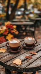 Rustic Autumn Setting with Pumpkin Spice Lattes Outdoors  
