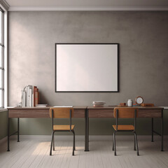 Industrial Style Workspace with Empty Frame Mockup and Study Desks