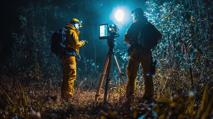 Fototapeta premium Surveying at Night, A humanoid robot team meticulously gathers land measurements under cinematic night lighting, showcasing precision and advanced technology in action