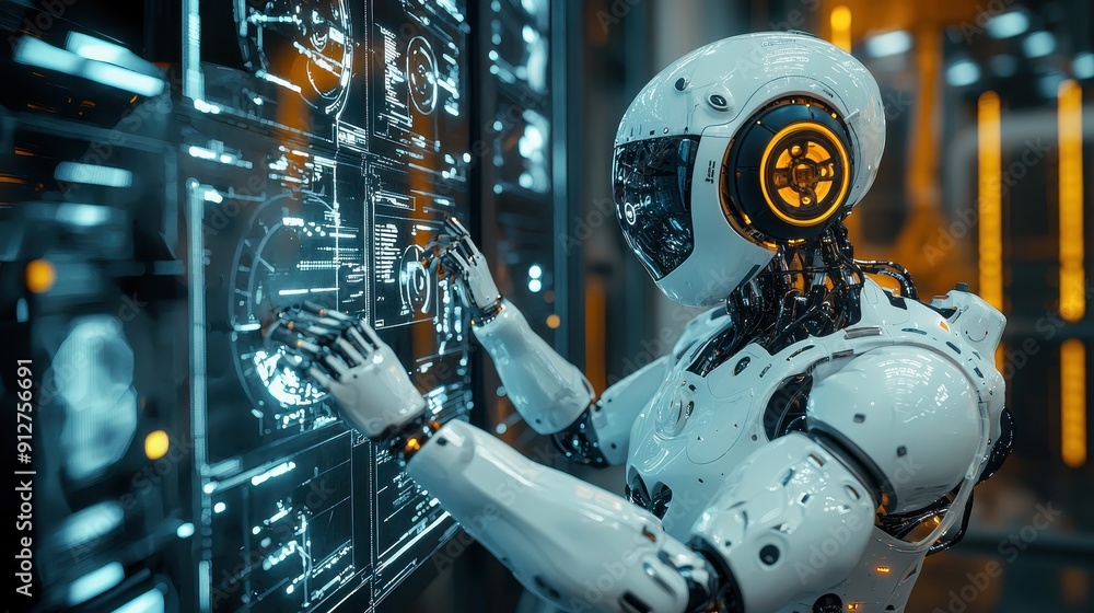 Poster robot painter in action, a humanoid robot applying paint to walls in an open area, showcasing advanc