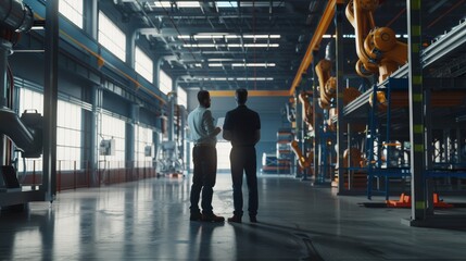 Two individuals engaged in conversation in a spacious factory, surrounded by industrial machinery and beams of natural light streaming in.