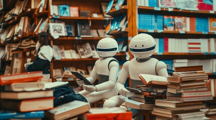 Two robots peruse books in a cozy, warm-toned bookstore, blending technology with the charm of reading.