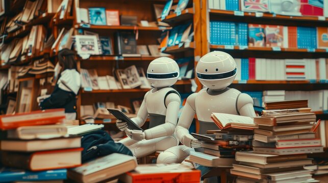 Two robots peruse books in a cozy, warm-toned bookstore, blending technology with the charm of reading.