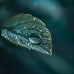 Close-up of a dew-covered leaf with a digital overlay, focusing on precision agriculture and environmental data collection.
