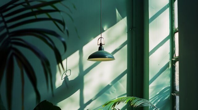 A hanging light fixture casts dramatic shadows against a teal wall, with houseplants adding a touch of nature to the tranquil space.