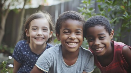 Three cheerful children with beaming smiles, posing closely together, embodying the pure joy of childhood friendship.