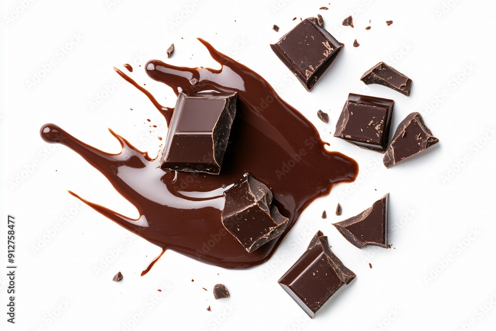 Wall mural pieces of chocolate bar with chocolate sauce collide and chocolate splashes top view on a white back