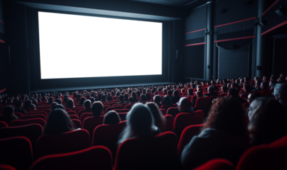 Crowded movie theater with people seated in red chairs, facing a large white screen, capturing the cinematic experience