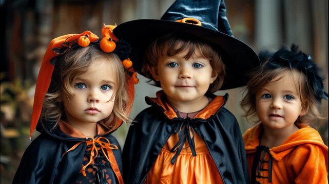 Children dressed in various Halloween costumes, capturing the spirit of Halloween festivities. The children are seen in creative outfits, enjoying the celebration with smiles and excitement. This imag