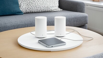 A white router sits beside a vase of flowering branches on a clean, bright table, illuminated by soft sunlight in a modern living space