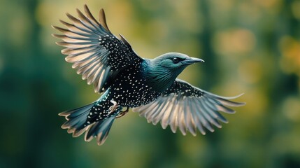 Obraz premium A Blue and Black Bird in Flight with Spread Wings
