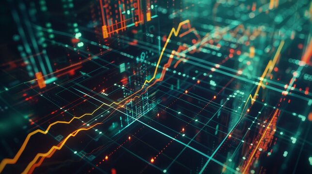 A detailed, futuristic digital network graph with neon green and orange lines capturing the essence of technology and data visualization.