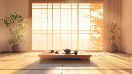Fototapeta premium A room with a wooden table and a potted plant. The table has a cup and a teapot on it. The room is well lit and has a peaceful atmosphere