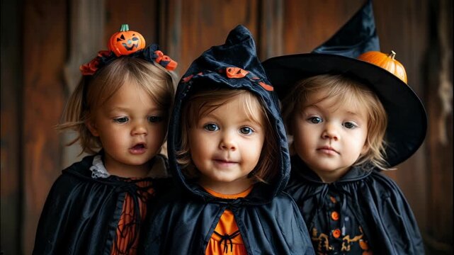 Children dressed in various Halloween costumes, capturing the spirit of Halloween festivities. The children are seen in creative outfits, enjoying the celebration with smiles and excitement. This imag