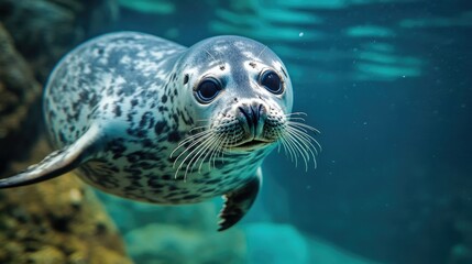 Naklejka premium Close-up of a Harbor Seal Swimming Underwater with Curious Expression