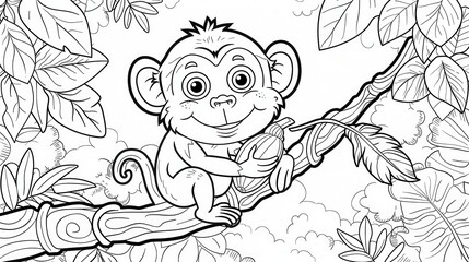 Fototapeta premium Cute cartoon character monkey and banana fruit for coloring page for children. Monochrome version