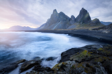 Dramatic sunset before a storm at Eystrahorn, in Iceland