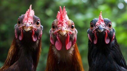 Three Chickens Looking Directly at the Camera