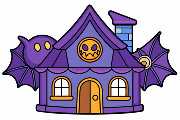 A halloween house and bat flying around the house