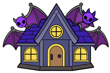 A halloween house and bat flying around the house