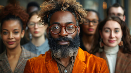 A crowd of multiracial people in stylish colorful clothes pose indoors. Beautiful male and female office colleagues in the corridor of a modern office.