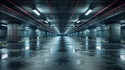Fototapeta premium Spacious Modern Underground Car Parking Area With Concrete Structure, Bright Lighting. Generative AI