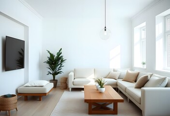 A modern and minimalist living room with a large beige sectional sofa, a wooden coffee table, and decorative elements like pillows and a vase with dried flowers. The room has a neutral color palette a