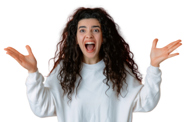 PNG Excited woman open mouth and hands up surprised shouting person.
