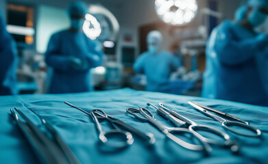 Surgical instruments neatly arranged on a table in an operating room with medical staff in the background.