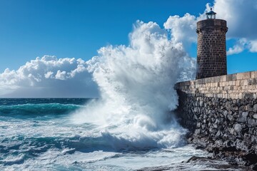 waves crashing against the stone breakwater