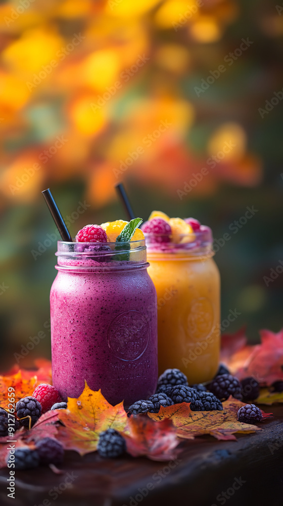 Poster Autumn Fruit Smoothies in Mason Jars Against Colorful Leaves  