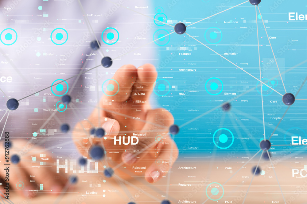Poster Neural network 3D illustration. Big data and cybersecurity