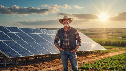 Happy farmer at the farm with sun panels