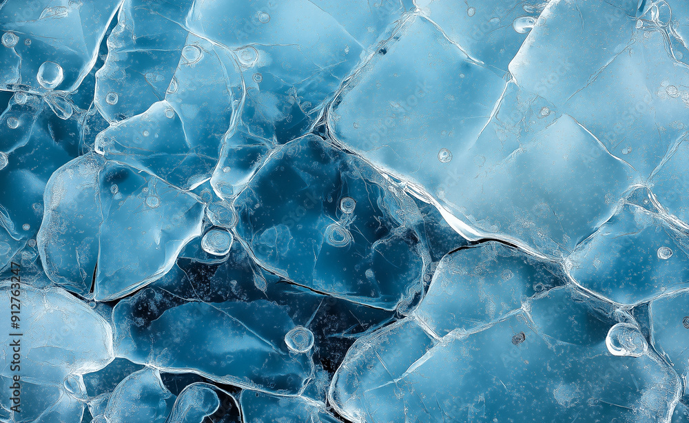 Poster close-up of cracked ice with deep blue hues and intricate patterns.
