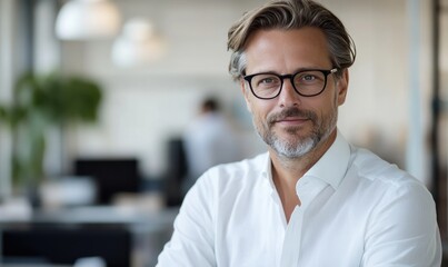 Obraz premium Handsome Chief Executive in Minimal Office Setting, Professional Workplace Portrait