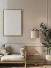 A mockup of an empty frame or blank poster mounted on the wall. This frame is installed in the living room minimalistic design style.