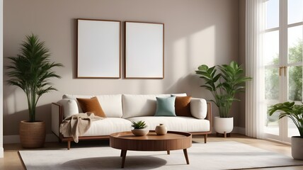 Fototapeta premium Mockup poster frame in living room with Scandinavian living room, mockup frame design, frame mockup