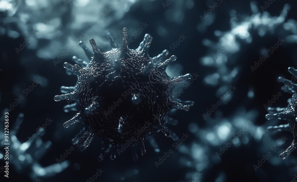 Poster microscopic view of virus cells with spiky surface, illuminated by a soft light.