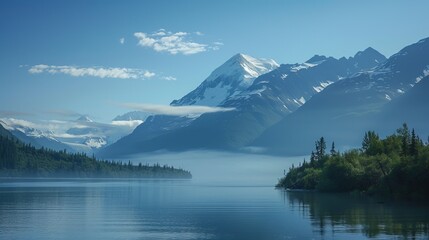 Serene lake with snowy mountains under clear blue sky