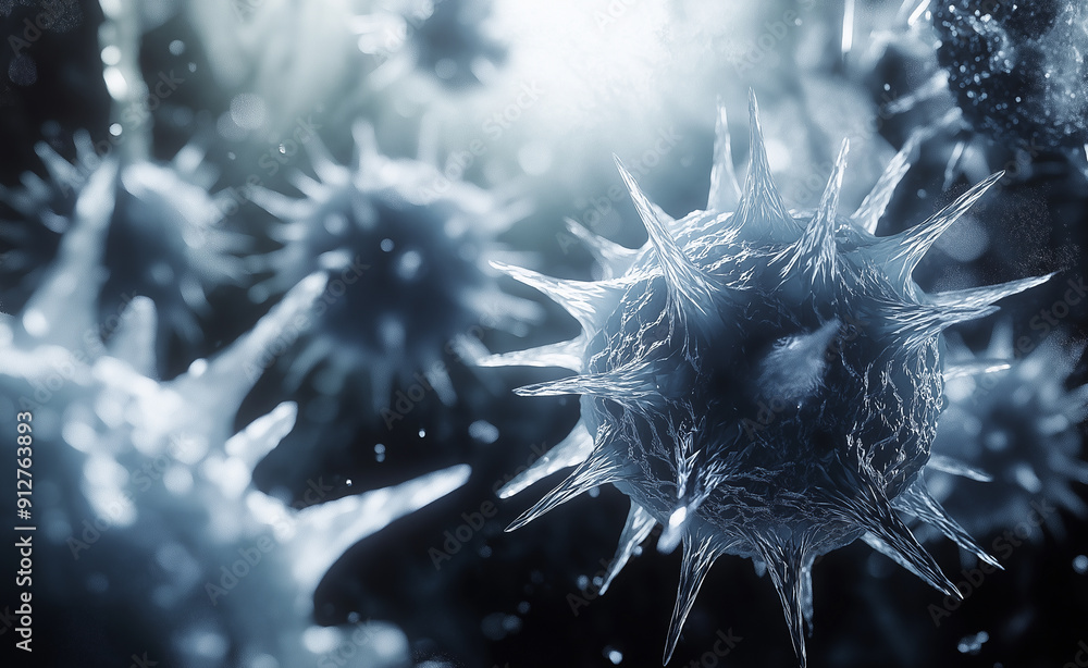 Poster Microscopic view of virus cells with spiky surface, illuminated by a soft light.