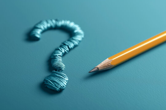 Artwork creatively illustrates a Question Mark using colorful pencils set against a vibrant blue chalkboard background