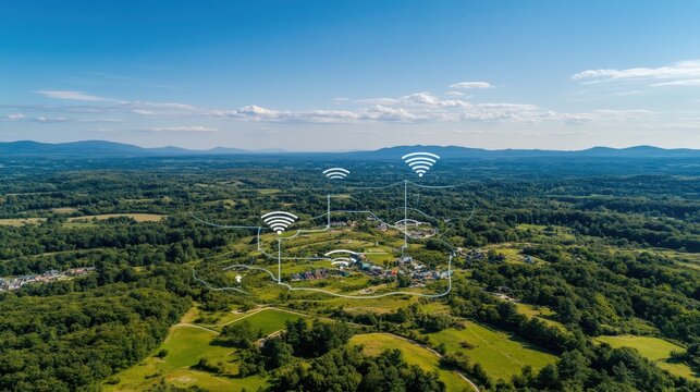 A picturesque village nestled in the mountains showcases homes connected by a network of wireless signals amid lush greenery