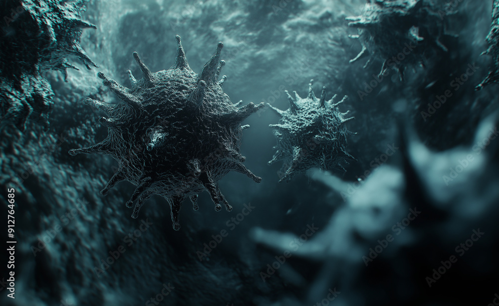 Poster close-up of harmful viruses floating in a dark, atmospheric environment.
